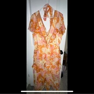 Floral Midi Dress in Orange and Pink